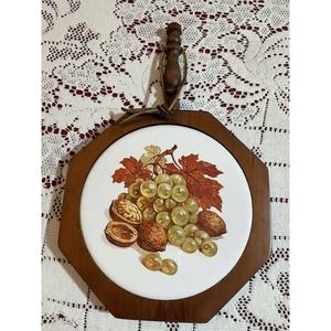 Vintage Wood Tile Trivet Fruit Nuts Autumn Leaves MCM 1970s Decor Granny Chic